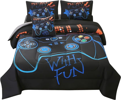 JQinHome Queen Gaming Comforter Sets for Boys,6 Piece Bed in A Bag 3D Video Game Bedding All Season Soft Microfiber Gamer Bedding Sets for Kids, Pillowcase, Flat Sheet, Fitted Sheet,Cushion Cover