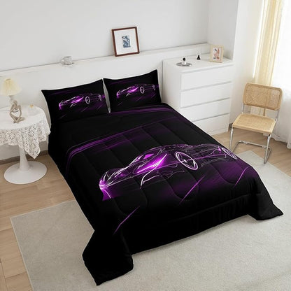 Feelyou Purple Race Car Bedding Set Queen Size for Kids Boys Extreme Sport Games Comforter Set Teens Toddler Fast and Furious Duvet Set Cool Modern Quilt Set 3Pcs