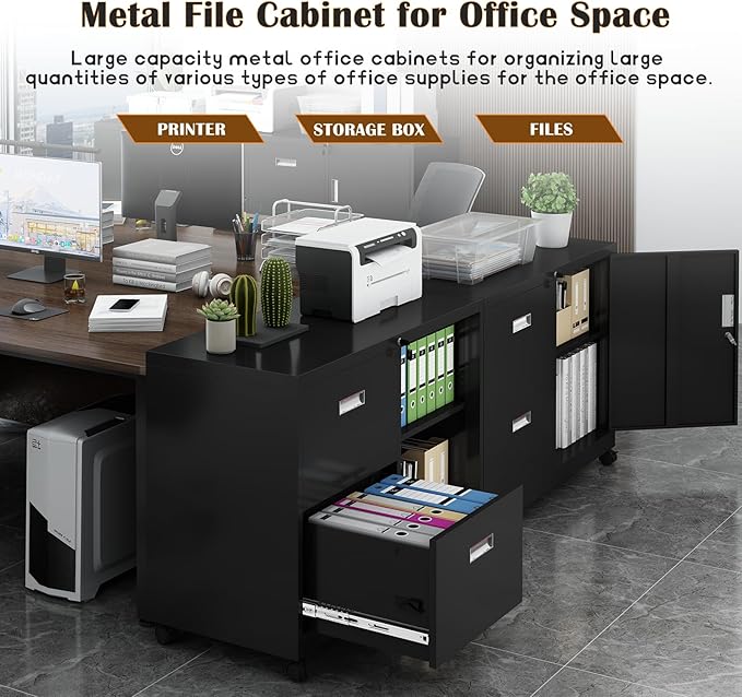 Metal File Cabinet Printer Stand with 2 lockable full extension drawers and 1 lockable door, adjustable shelf, for Home office and Study room Organizer Letters/Legal/A4,BLACK