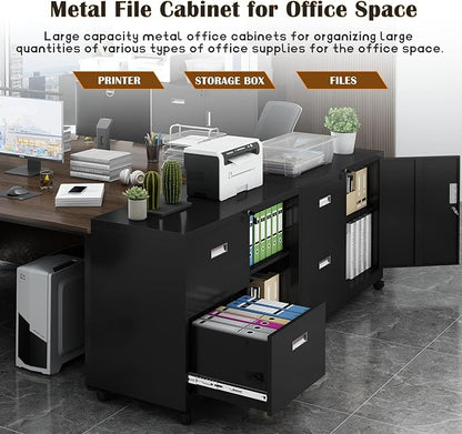 Metal File Cabinet Printer Stand with 2 lockable full extension drawers and 1 lockable door, adjustable shelf, for Home office and Study room Organizer Letters/Legal/A4,BLACK