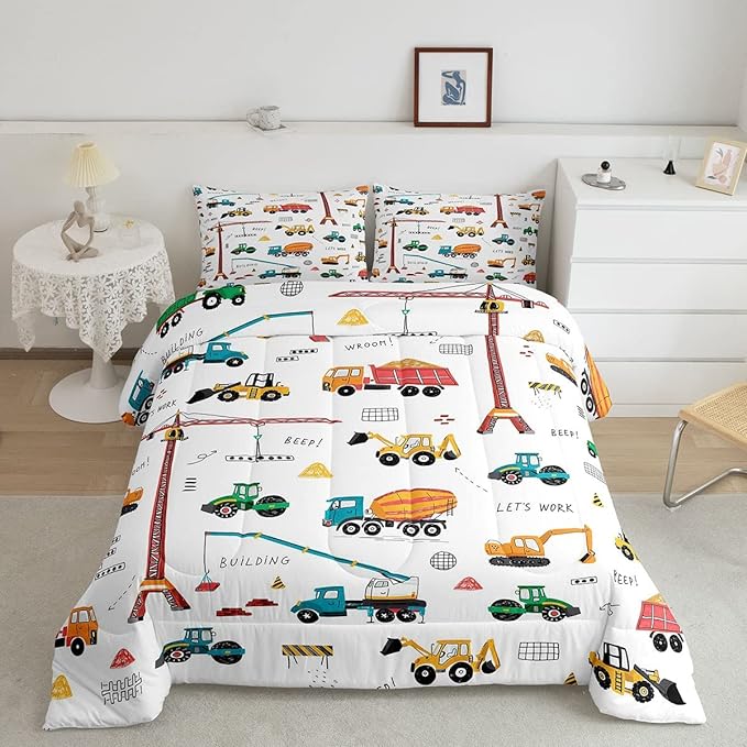 Feelyou Heavy Machinery Truck Bedding Set Tractor Crane Comforter Set for Kids Boys Girls Youth Construction Site Comforter Nursery Decor Quilt Set Room 2Pcs Twin Size