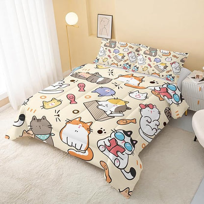 Kawaii Cat Comforter King,Kawaii Animals Comforter Set for Kids Teens Girls,3Pcs Bedding Set Printed Comforter with 2 Pillowcases,Down Alternative,Soft and Lightweight，King Size