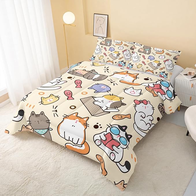 Kawaii Cat Comforter Full,Kawaii Animals Comforter Set for Kids Teens Girls,3Pcs Bedding Set Printed Comforter with 2 Pillowcases,Down Alternative,Soft and Lightweight，Full Size