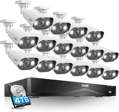 ZOSI 24CH 4K Security Camera System,16pcs 4K Outdoor PoE Cameras,Face/Person/Vehicle Detection,Spotlight Siren,2 Way Audio,Night Vision,16 Port 24CH 8MP Dual-Disk NVR with 4TB HDD for 24/7 Recording
