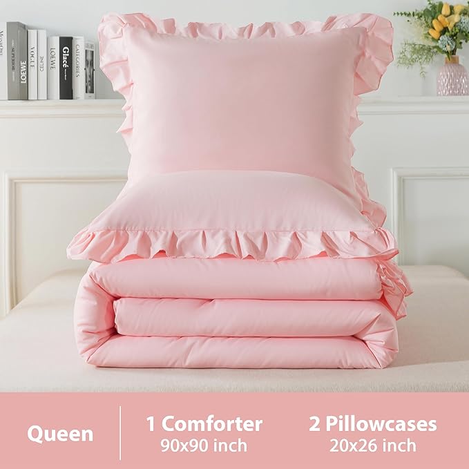 Andency Pink Comforter Set Queen Size, 3 Pieces Solid Pink Ruffle Shabby Chic Comforter Set for Queen Bed, All Season Vintage Rustic Soft Microfiber Bedding Set for Women Girls
