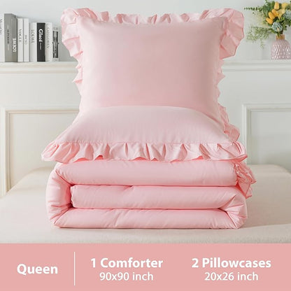 Andency Pink Comforter Set Queen Size, 3 Pieces Solid Pink Ruffle Shabby Chic Comforter Set for Queen Bed, All Season Vintage Rustic Soft Microfiber Bedding Set for Women Girls