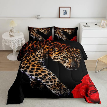 Erosebridal Leopard Comforter Set Queen Size,Red Rose Cheetah Bedding Set,Cat Leopard Print Down Comforter, Romantic Floral Quilted Duvet, Safari Animal Quilt Set, Stylish Bedroom Decor, Black