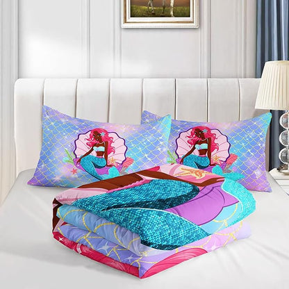 Datura home Bedding Comforter Set Black Girl Magic Mermaid Printed Pattern Quilt with 1 and 2 Pillowcases for Girls Bedroom All Season(Black Blue Queen) Queen 90x90inches