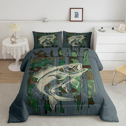 Bass Fish Comforter Set Full Size Green Camouflage Bedding Set for Fishing Lover Gifts Boys Girls Camo Pike Fish Fishing Comforter Wild Fisherman Bed Set Rustic Cabin Bedroom Decor