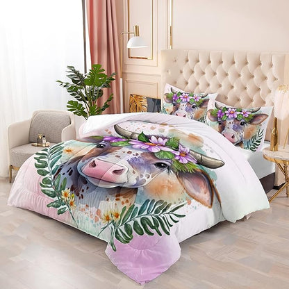 CVHOUSE Kawaii Cow Comforter Set Queen Size,Cute Pink Cow Bedding Set for Girls Kids,Kawaii Cow Quilt Set Pink Cow Duvet Set Girl's Bedroom Decor 3 Pieces