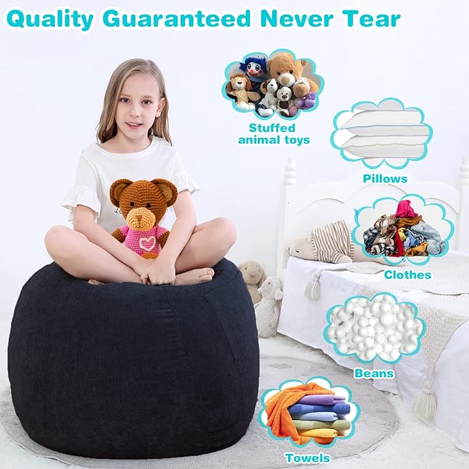 Bean Bag Chair Cover (No Filler) Stuffed Animal Storage for Kids .Soft Premium Corduroy Stuffable Beanbag for Organizing Children Plush Toys or Memory Foam Small 100L (Black)