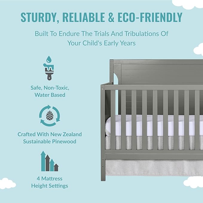 Cape Cod 5-in-1 Convertible Crib in Storm Grey, Greenguard Gold Certified, 55x30x44.5 Inch (Pack of 1)