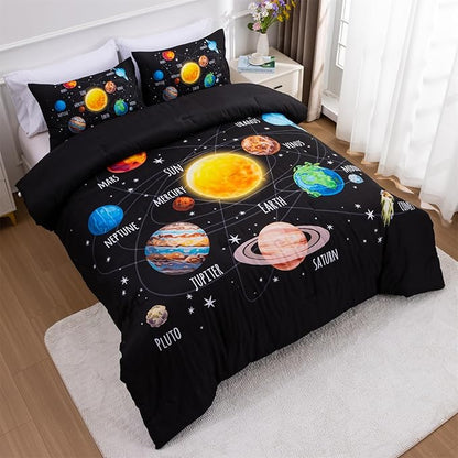 Aimuan Space Comforter Twin Set Kids Rocket Bedding Set Super Soft & Cute Aliens UFO Printed for Boys Girls Teen (Black 1, Full)