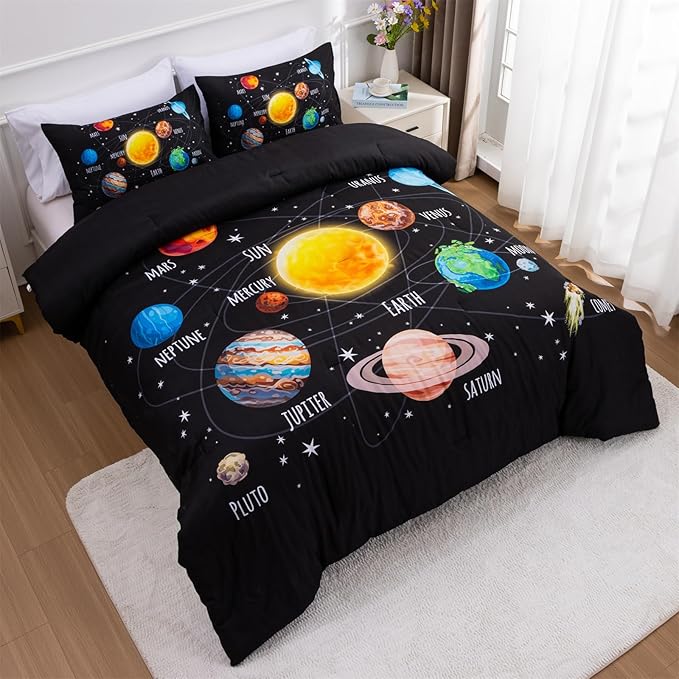 Aimuan Space Comforter Twin Set Kids Rocket Bedding Set Super Soft & Cute Aliens UFO Printed for Boys Girls Teen (Black 1, Twin)