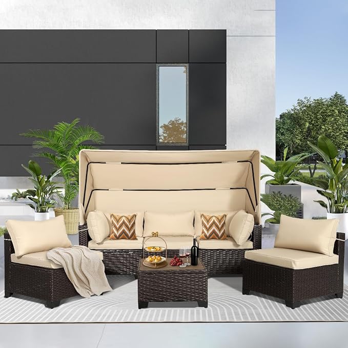 6 PCS Outdoor Patio Furniture Set,Sectional Sofa Set,Rattan Daybed with Retractable Canopy,Adjustable Backrest,Storage Coffee Table for Porch Garden Poolside Backyard(Khaki)