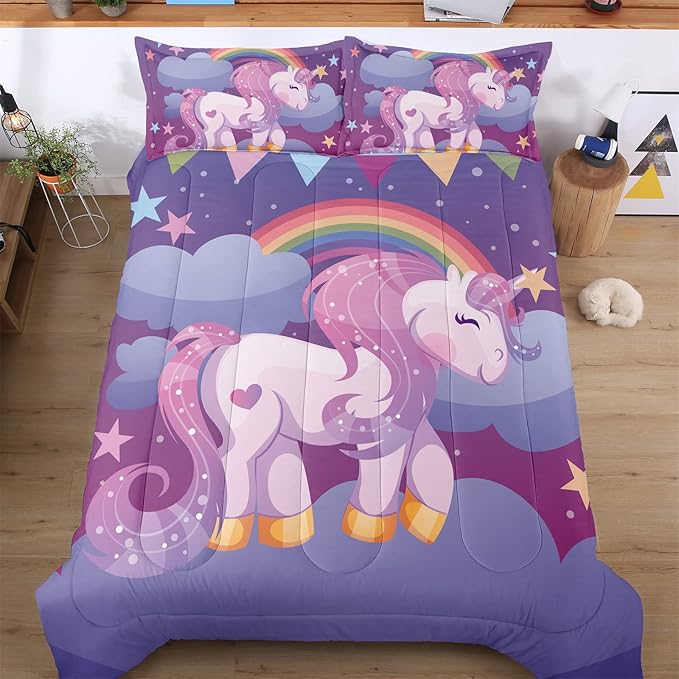 Unicorn Twin Bedding Sets for Girls Kids Comforter Set Twin Size with 2 Pillowcases Purple Rainbow Glittering Unicorn Room Decor for Girls Bedroom Ultra Soft Machine Washable Toddler Bed Set