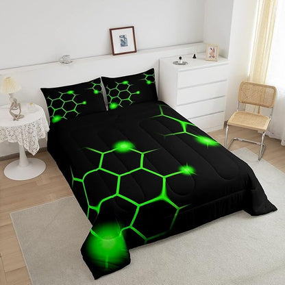 Hexagonal Comforter Set Geometric Honeycomb Bedding Set for Kids Adults Neon Green Black Comforter Modern Hexagon Beehive Quilt Set Ultra Soft Room Decor Twin Size Bedroom Collection 2Pcs