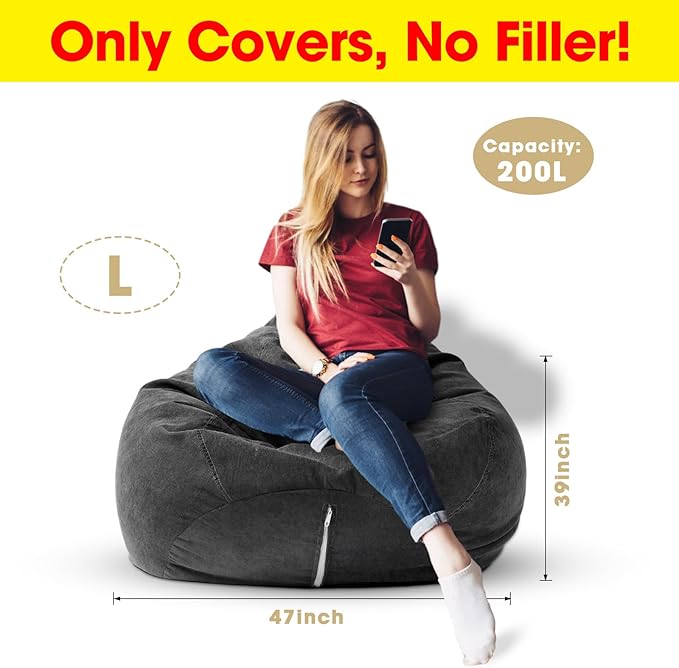 2 Pcs Bean Bag Cover Stuffed Animal Storage Bean Bag Chair Cover Soft Corduroy Stuffed Animal Bean Bag Storage for Kids Adults Indoor Bedroom Organizing Plush Toys(Black, 200L)