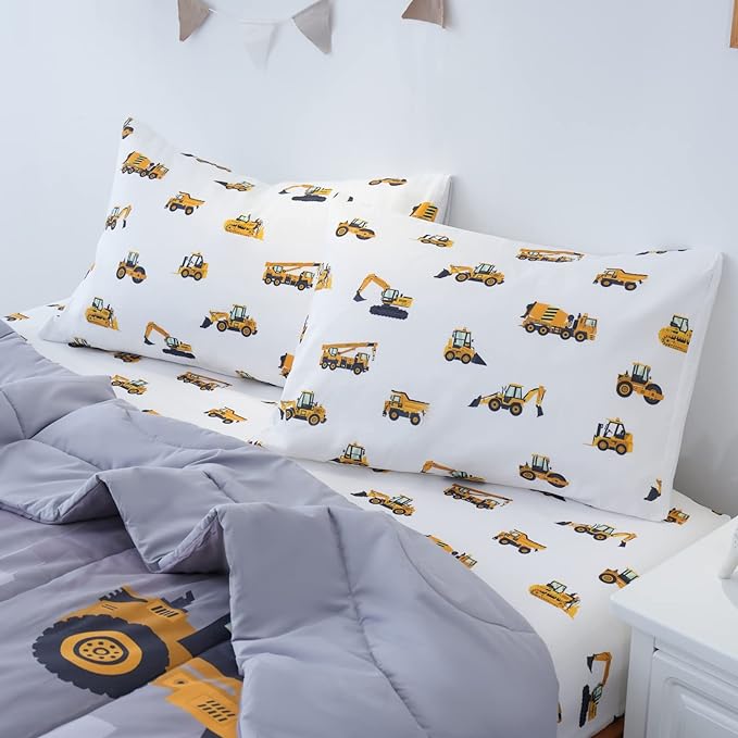Twin Size Comforter Set for Boys, 4-Piece Bed in a Bag, 3D Construction Bedding Comforter Sheet Set, Ultra Soft and Fluffy, Cartoon Truck Cars