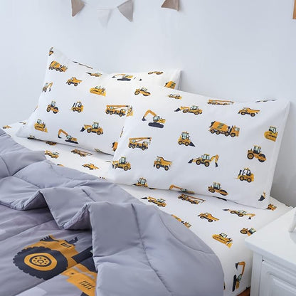 Twin Size Comforter Set for Boys, 4-Piece Bed in a Bag, 3D Construction Bedding Comforter Sheet Set, Ultra Soft and Fluffy, Cartoon Truck Cars
