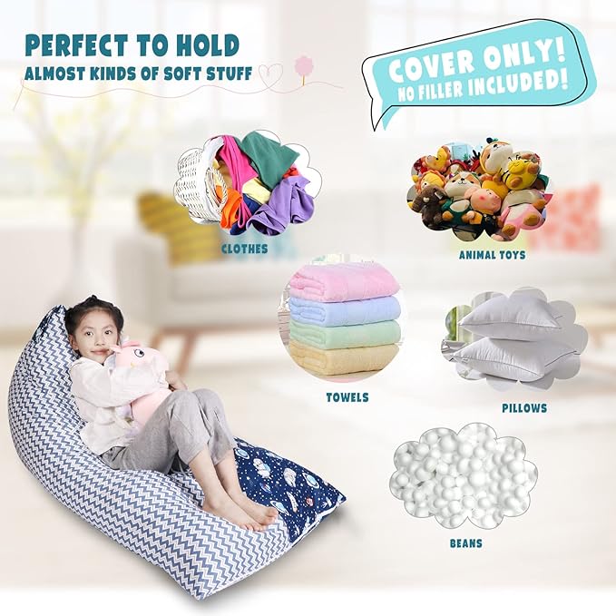 Stuffed Animal Storage Bean Bag Chair Cover, Cotton Blue Universe Plush Toy Storage Stuff and Sit Seat for Kids/Teens/Adults, 52" x 31" Extra Large Triangle Floor Sofa, 200L/52Gal, Cover Only