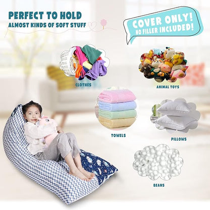 Stuffed Animal Storage Bean Bag Chair Cover, Cotton Blue Universe Plush Toy Storage Stuff and Sit Seat for Kids/Teens/Adults, 52" x 31" Extra Large Triangle Floor Sofa, 200L/52Gal, Cover Only