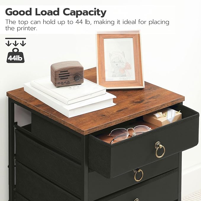 HOOBRO 5-Drawer Chest, File Cabinet, Office Cabinet with Drawers, Rolling Printer Stand, Filing Cabinet for Living Room, Home Office, Nonwovens Drawer, Easy Assembly, Black BFK50WJ01