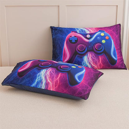 Meeting Story Gamer Gaming Bedding Sets Red Blue Lightnings Gamepad Comforter Set for Boys Games Console Action Buttons Novelty Colorful Modern Room Decor Home Quilt Set (Blue-Purple, Twin 5Pcs)