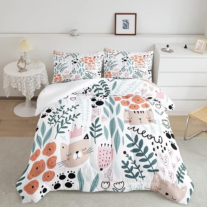 CVHOUSE Cat Bedding,Cartoon Cat Comforter King,Animals Print Comforter Set for Kids,Kawaii Quilt Set with 1 Comforter and 2 Pillow Cases