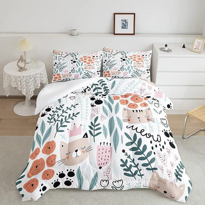 CVHOUSE Cat Bedding,Cartoon Cat Comforter King,Animals Print Comforter Set for Kids,Kawaii Quilt Set with 1 Comforter and 2 Pillow Cases