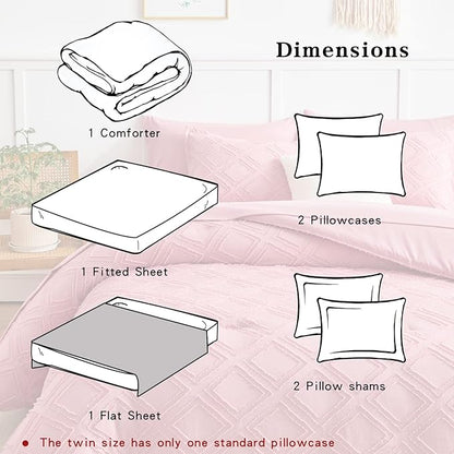 7 Pieces Tufted Bed in a Bag King Comforter Set with Sheets Pink, Soft and Embroidery Shabby Chic Boho Bohemian, Luxury Solid Color with Diamond Pattern, Jacquard Tufts Bedding Set for All Season
