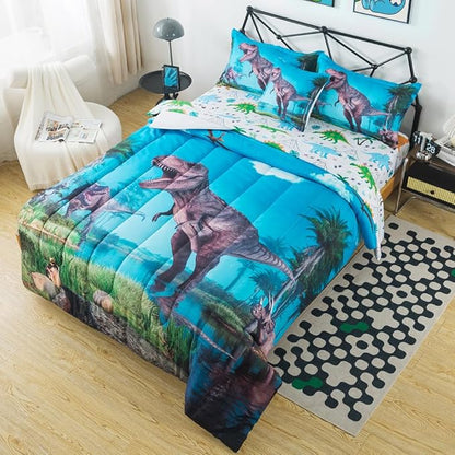 ADASMILE A & S Dinosaur Comforter Twin for Boys Dinosaur Twin Bedding Set for Kids 6 Pieces Dinosaur Comforter Set with Dinosaur Sheets Bed in A Bag T-Rex Dinosaur Comforter and Sheets Set Home Decor