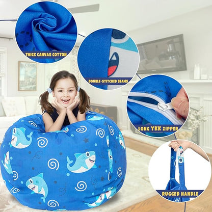 Stuffed Animal Storage Bean Bag Chair Cover, Hold Kids Plush Toys Blankets Towels Beanbag (Cover Only), Canvas Floor Circle Stuff Sit Seat Sofa with YKK Zipper, Extra Large 38", Blue Shark