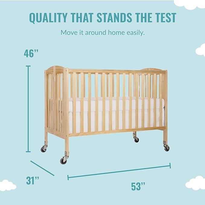 Folding Full Size Convenience Crib In Natural, Two Adjustable Mattress Height Positions, Comes With Heavy Duty Locking Wheels, Flat Folding