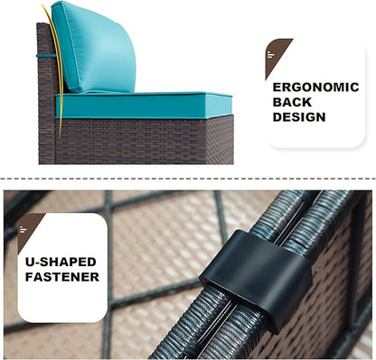 Patio Furniture Set Sofa 6-Piece Wicker PE Rattan Sectional Sofa Set, Outdoor Furniture Patio Conversation Sofa Set with Glass Coffee Table, Blue