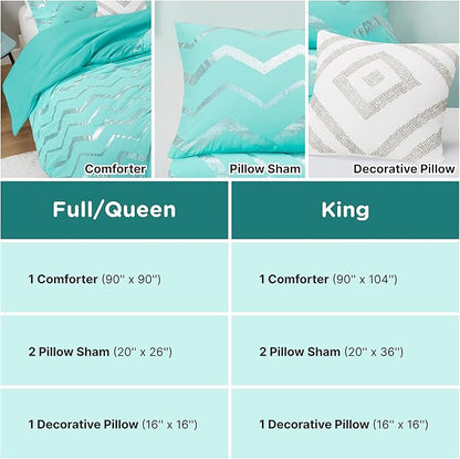 Codi Metallic Teal and Silver Comforter Set, Full/Queen Size, Cute Aqua Turquoise Bedding Sets, 4 Piece (2 Matching Sham + 1 Decorative Pillow)