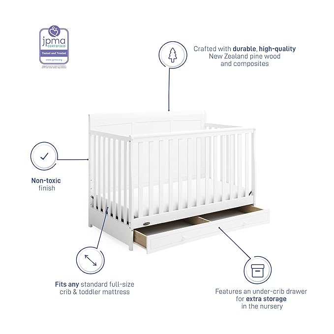 Graco Asheville 4-in-1 Convertible Crib with Drawer (White) – GREENGUARD Gold Certified, Crib with Drawer Combo, Full-Size Nursery Storage Drawer, Converts to Toddler Bed, Daybed and Full-Size Bed