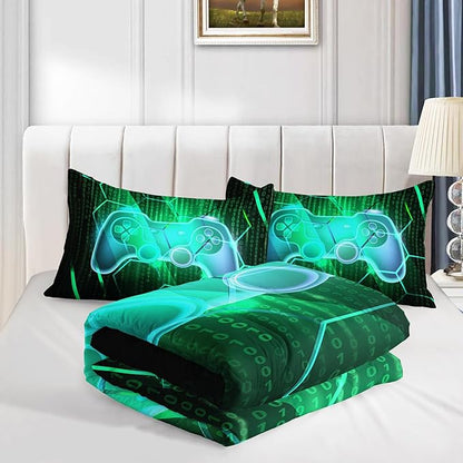 Axolotl Gamepad Comforter Set Twin Size,Number Video Gaming Gamer Bedding Set,Boys Game Console Comforter Set,Geometry Hexagonal Bedding Set for Teens Men Adults,1 Quilt 2 Pillowcases,Green Black