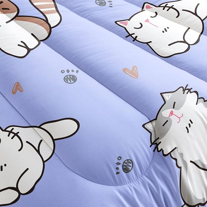 Datura home Purple Kawaii Cat Comforter Bedding Set for Girls Kitten Purple Print Cute Animal Pattern Bedding Set with 1 Comforter and 2 Pillowcases for Girls Bedroom All Season(Cat Purple Queen)