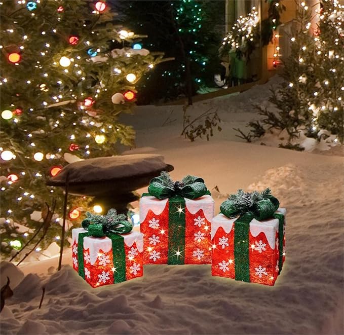 [Ultra-Large 16"x14"x11.5" Christmas Set of 3 Lighted Gift Boxes Decorations Pre-lit 91 Super-Bright LED with Flashers,for Indoor Outdoor Pathway Holiday Party Home(Warm White)