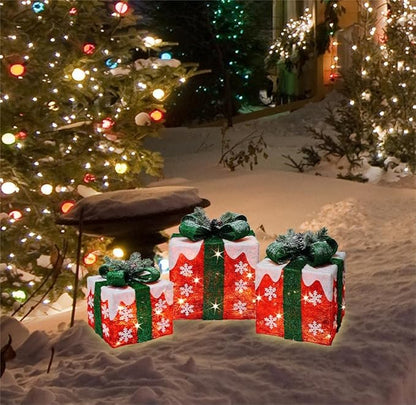 [Ultra-Large 16"x14"x11.5" Christmas Set of 3 Lighted Gift Boxes Decorations Pre-lit 91 Super-Bright LED with Flashers,for Indoor Outdoor Pathway Holiday Party Home(Warm White)