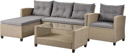 4 Piece Outdoor Patio Furniture Set, Sectional Conversation All-Weather Grey PE Wicker w/Seat Cushions for Backyard Porch Garden Poolside Balcony, Onesize, Oc-Gray