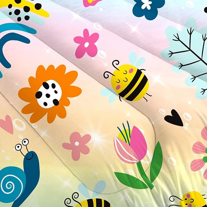 Rainbow Comforter Sets Full Size Cartoon Frogs Bedding Sets for Girls Kids Teens Boys Flowers Butterfly Bees Snails Insects Cute Kawaii Quilt 1 Comforter + 2 Pillow Cases