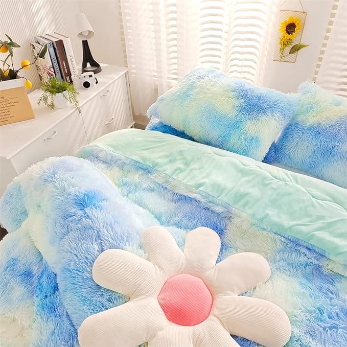 Faux Fur Kids Girls Green Rainbow Comforter Sets Twin/Full - 3PC Bed Set Warm Comfortable Soft Plush Flannel Velvet Fluffy Fuzzy Bedding（Comforter x 1 Pillowcases x 2）