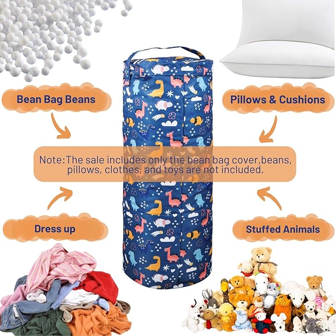 Dinosaur Stuffed Animal Storage Bean Bag Cover for Kids - Organize, Sit, Play & Box Help Promote Comfort and Relaxation - Perfect Playroom & Bedroom Plush Toys Beanbag, Cylinder, Best Gift for Kids