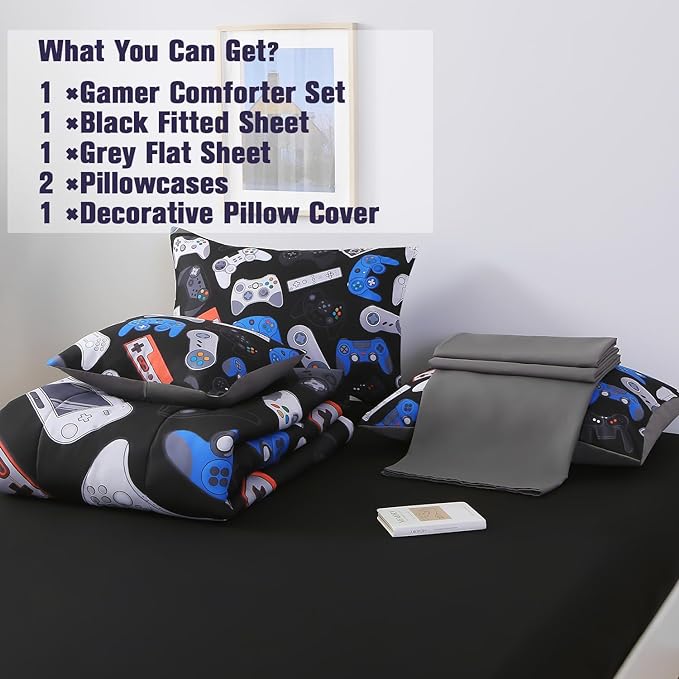 6Pcs Game Console Comforter Set with Sheets for Boys Girls Kids Teens, Gamepad Collection Themed Bed in A Bag Twin Size, 3D Video Gamer Controller Bedroom Decor Bedding Set