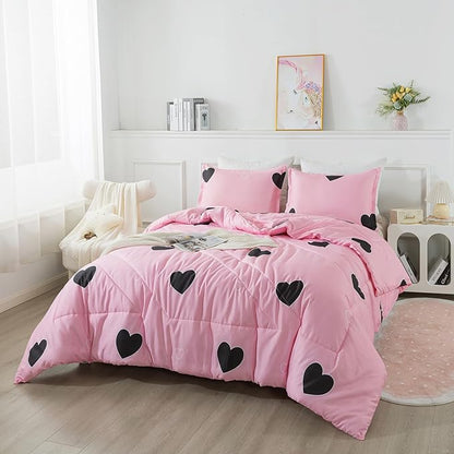 Love Pattern Girls Pink Comforter Set Full Size, Blush Pink Cute Love Heart Sexy Comforter Bedding Set for All Seasons, Geometric Microfiber 3 Pieces Comforter Set with Pillowcases