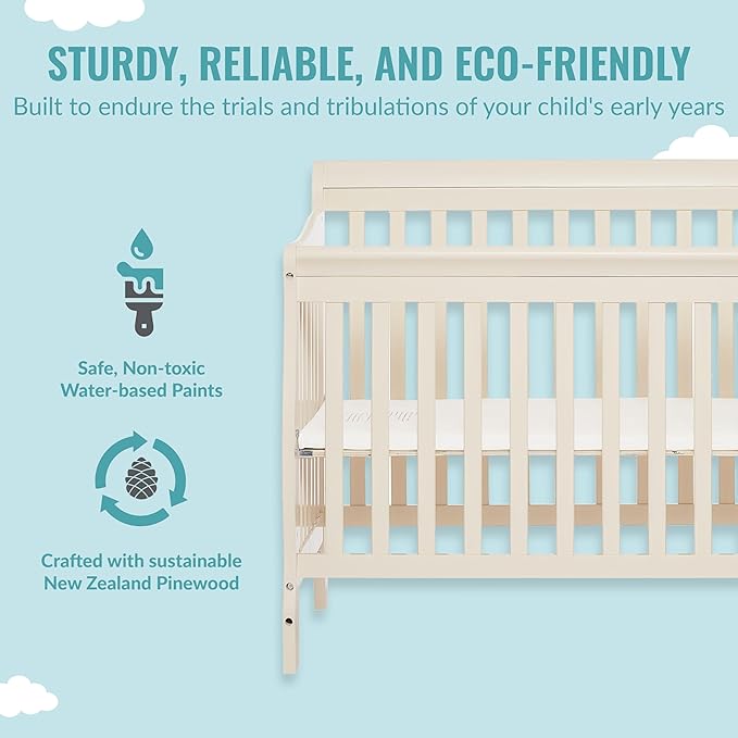 Aden 4-in-1 Convertible Mini Crib In French White, Greenguard Gold Certified, Non-Toxic Finish, New Zealand Pinewood, With 3 Mattress Height Settings