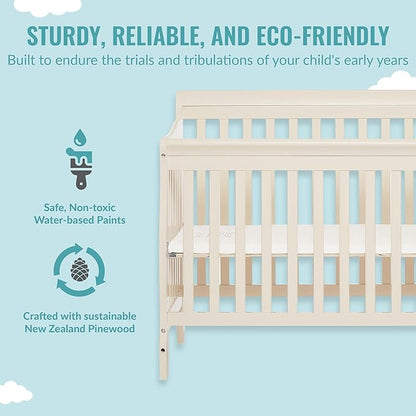 Aden 4-in-1 Convertible Mini Crib In French White, Greenguard Gold Certified, Non-Toxic Finish, New Zealand Pinewood, With 3 Mattress Height Settings