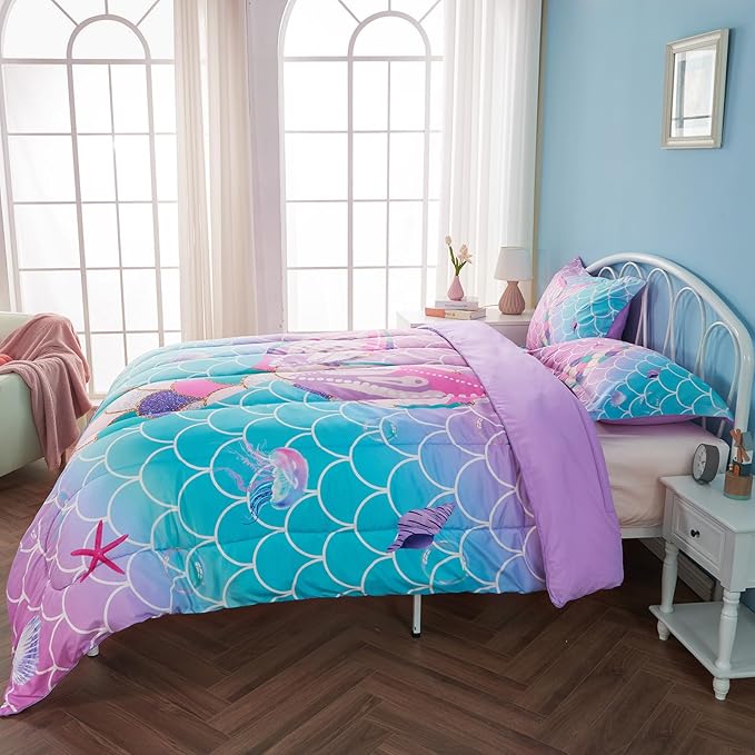Twin/Twin XL Comforter Set for Girls Mermaid Tail Rainbow Scales Bedding Set 2 Pieces Twin Size Comforter with Pillowcase for Kids, Teenagers